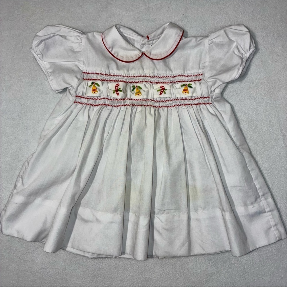 Vtg Imperial Smocked Christmas White & Red Dress Embroidered Ribbon Sz 2